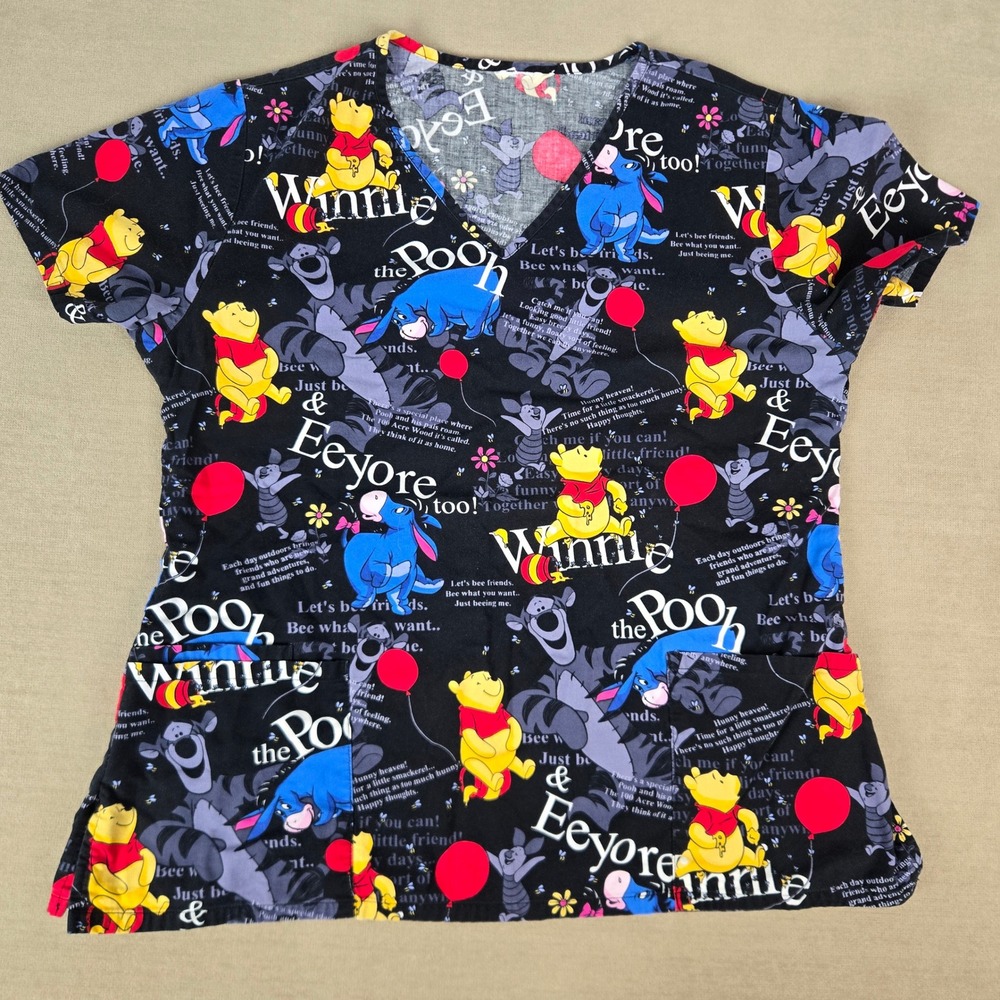 Disney Winnie the Pooh Eeyore Cotton V-Neck Scrub Top Medical Women Sz L NO tag